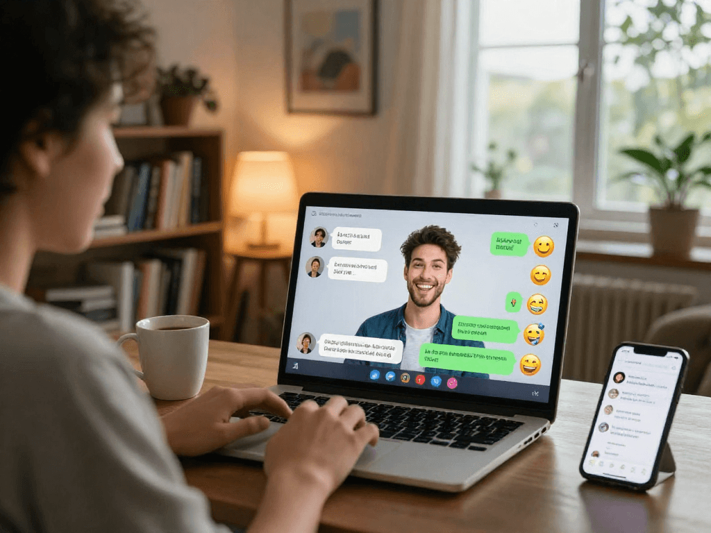 Engaging user experience in AI porn chat; cozy setting with digital interaction.