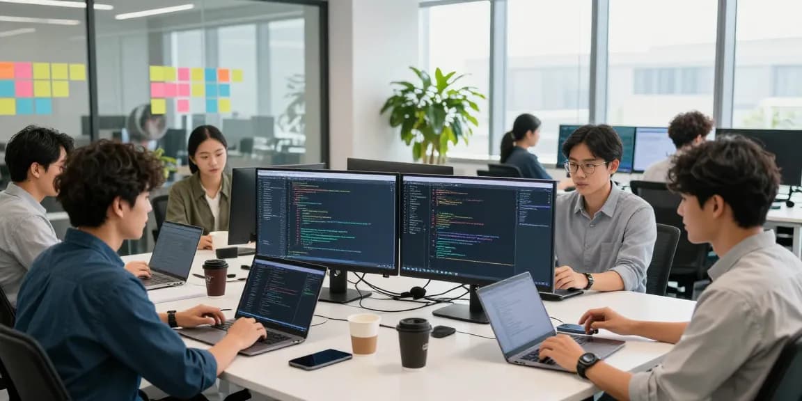 Team collaborating on go8 software development in a modern office.