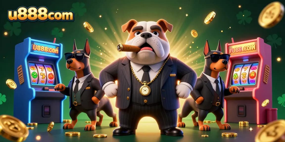 u888com showcases a dynamic scene with a mafia boss bulldog and Doberman bodyguards amidst vibrant casino elements.