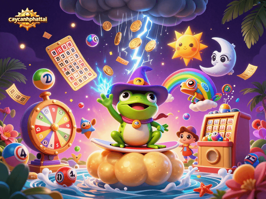 Experience the thrill of caycanhphattai as the wizard frog conjures coins and dynamic lottery elements in a vibrant scene.
