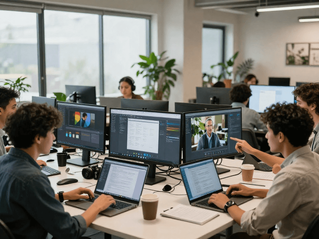 Team collaborating seamlessly with ToDesk remote desktop software in a bright office.