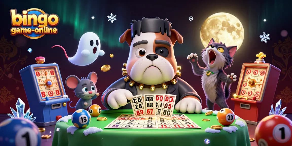 Bingo-game-online scene featuring a cartoon bulldog monster dealing bingo cards with spooky elements and vibrant colors.