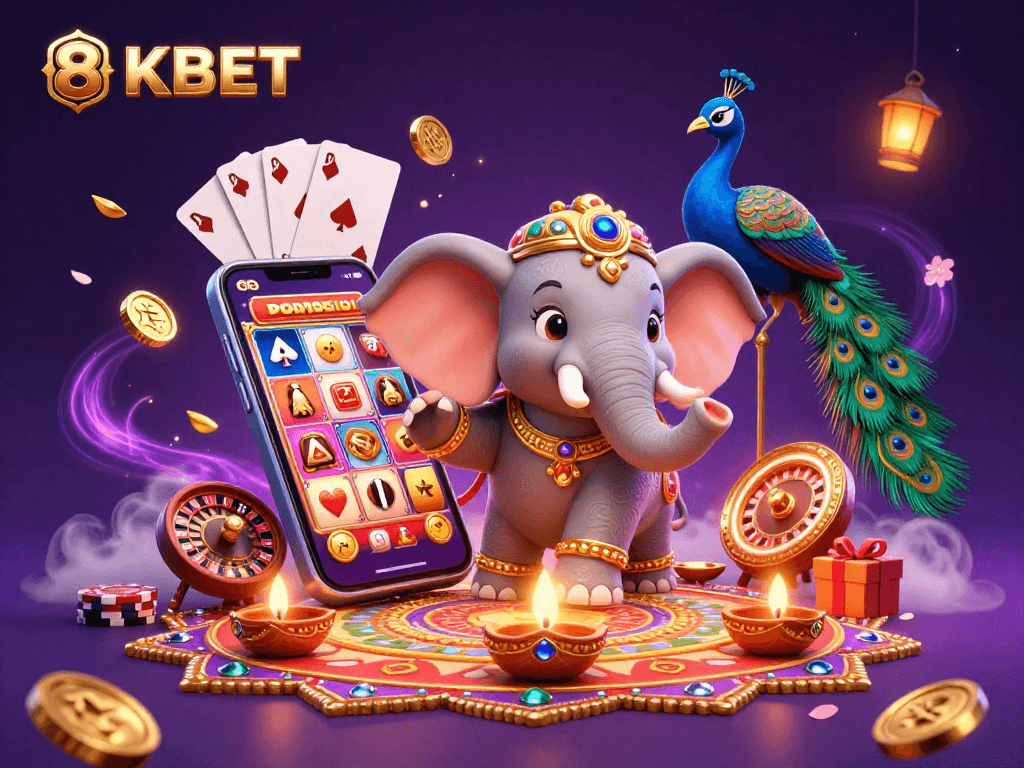 Experience thrilling gameplay on 8KBET with vibrant slots and engaging casino elements in a captivating illustration.