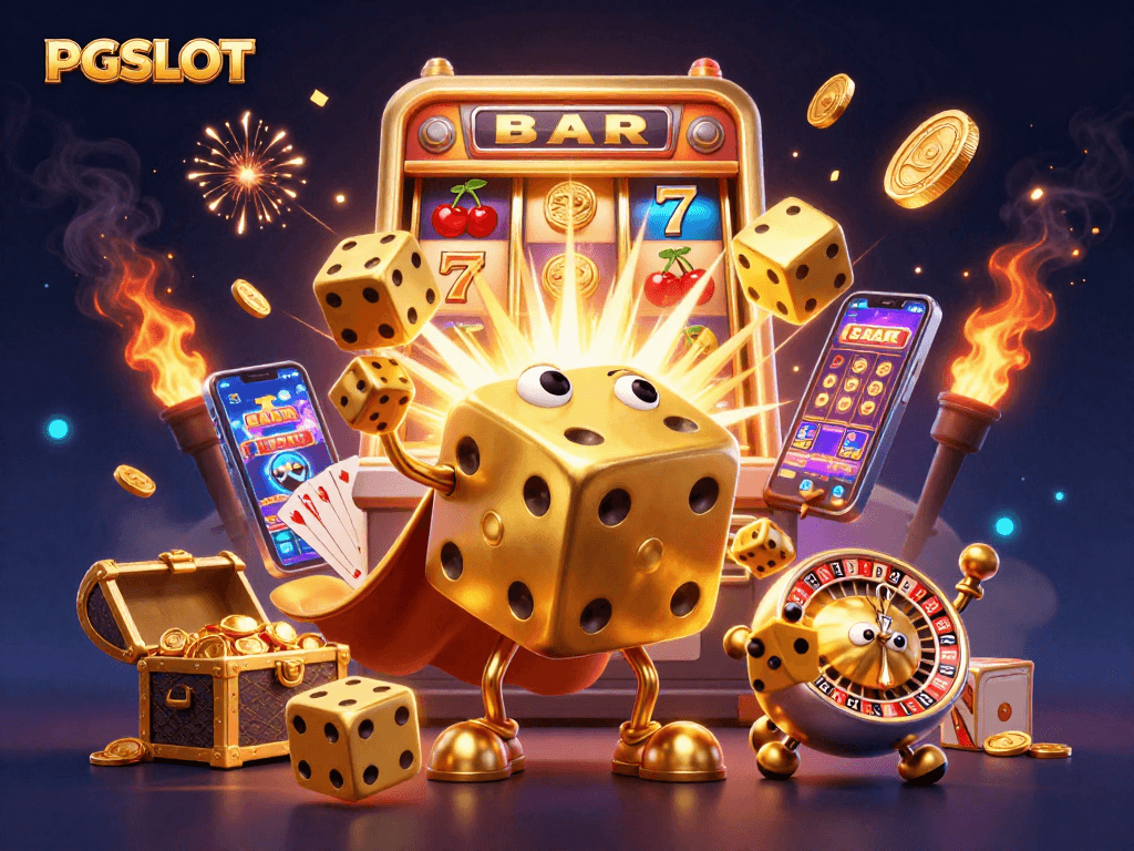 Engage with the excitement of PGSLOT as golden dice juggle amidst a vibrant jackpot explosion.