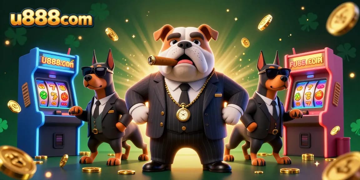 u888com showcases a dynamic scene with a mafia boss bulldog and Doberman bodyguards amidst vibrant casino elements.
