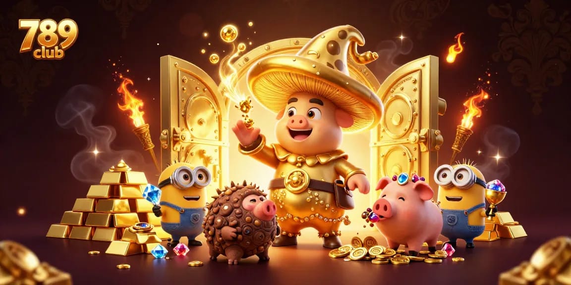 Experience thrilling adventures at 789 club, featuring magical characters and treasures in a vibrant casino scene.
