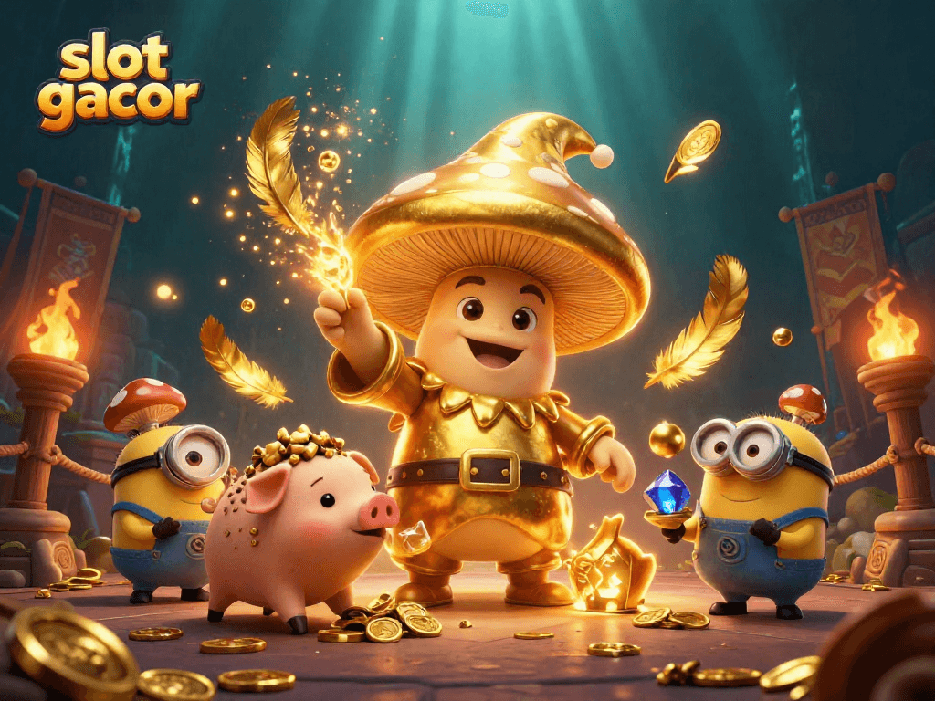 Menangkan jackpot dan kenali slot gacor dengan ilustrasi penuh warna dari penyihir jamur emas yang ajaib dan karakter unik lainnya.