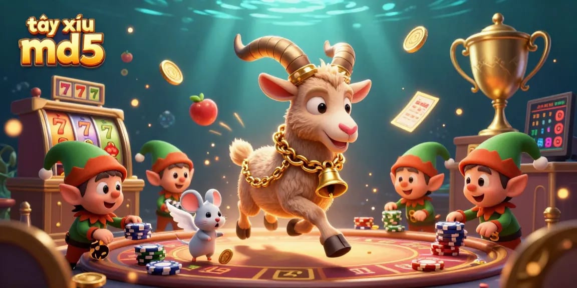 Experience thrilling gaming at tài xỉu md5 among festive characters in a dynamic casino scene.