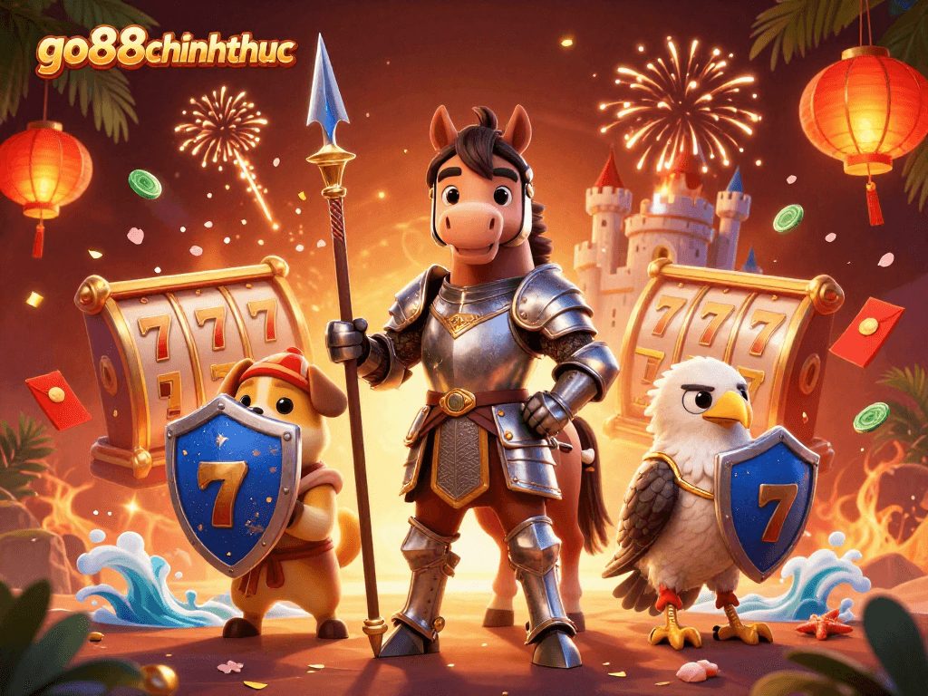 Engage with go88chinhthuc featuring a knight and puppy amidst dynamic slot game elements.