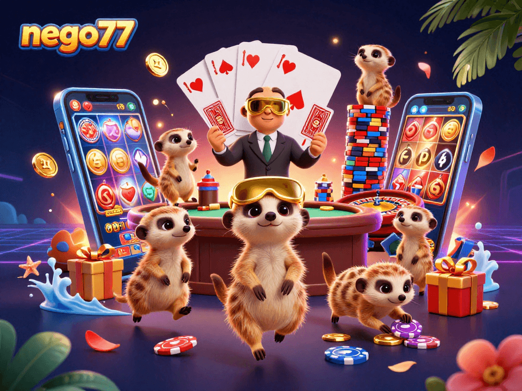 Experience the vibrant world of nego77 with meerkats managing a bustling casino complete with colorful slot games and dynamic elements.