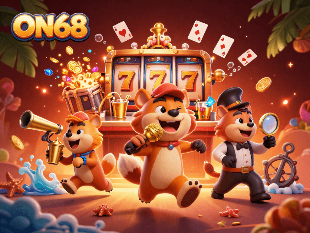 Experience the exciting ON68 casino with vibrant characters enjoying the thrilling games.