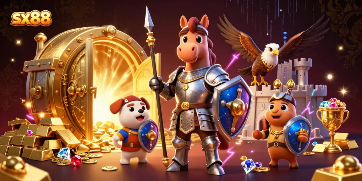 SX88 knights play casino games amidst gold treasures, showcasing a vibrant gambling scene.