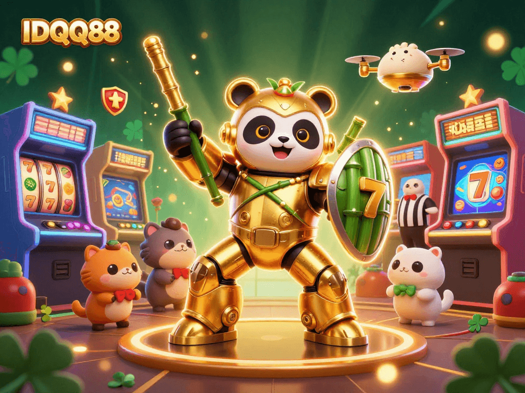 IDQQ88 presents a 3D cartoon mech-suit golden panda in a vibrant casino arena, surrounded by exciting gaming elements.