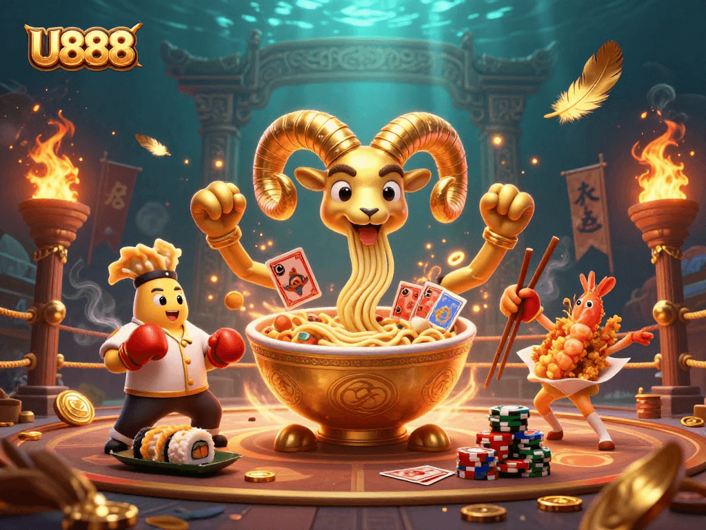 U888 players compete with a giant ramen bowl dealer amid golden casino excitement and vibrant action.