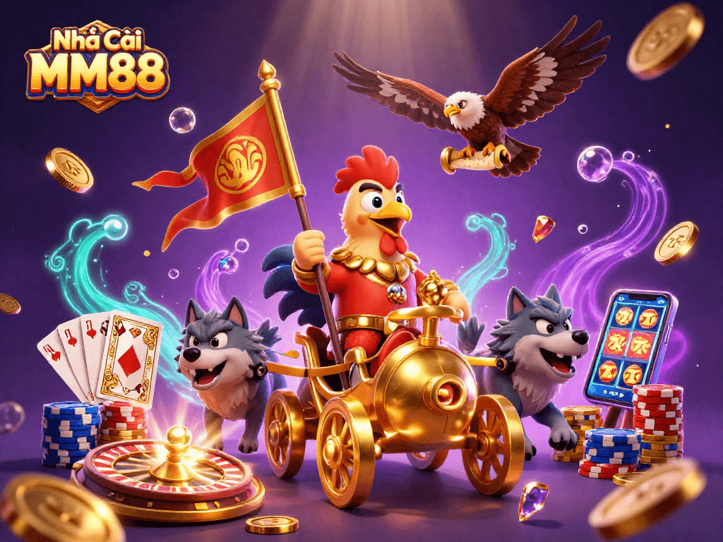 Experience Nhà Cái MM88 with a dynamic 3D illustration showcasing thrilling casino elements and vibrant characters.
