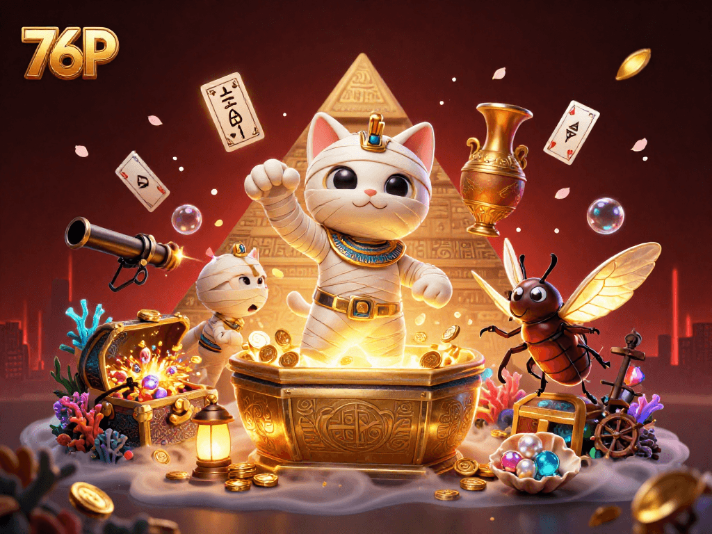 76P tem uma ilustração de um gato múmia egípcio em um cassino, cercado de tesouros e cartas