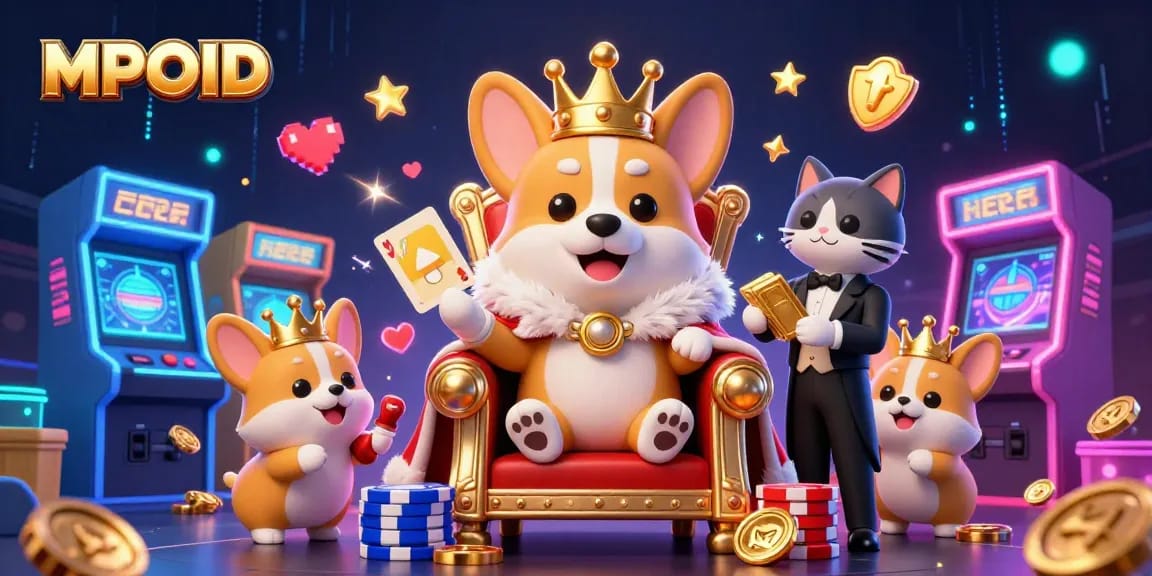 Experience MPOID's vibrant gaming ambiance with a royal corgi amid festive casino elements.