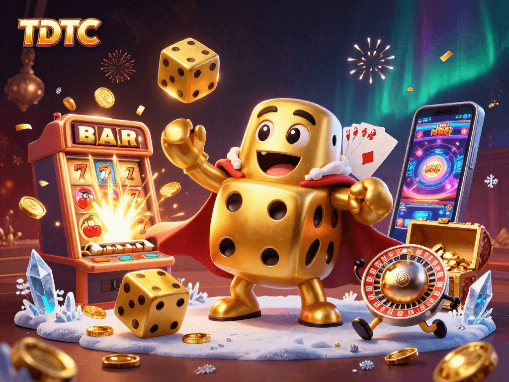 TDTC displays a dynamic casino scene with exclusive golden dice, colorful slot machine, and vibrant game elements.