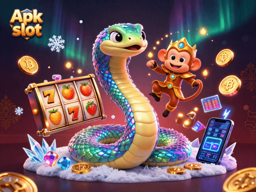 Permainan Apk slot menarik dengan ular pelangi dan simbol jackpot berkilau dalam ilustrasi 3D.