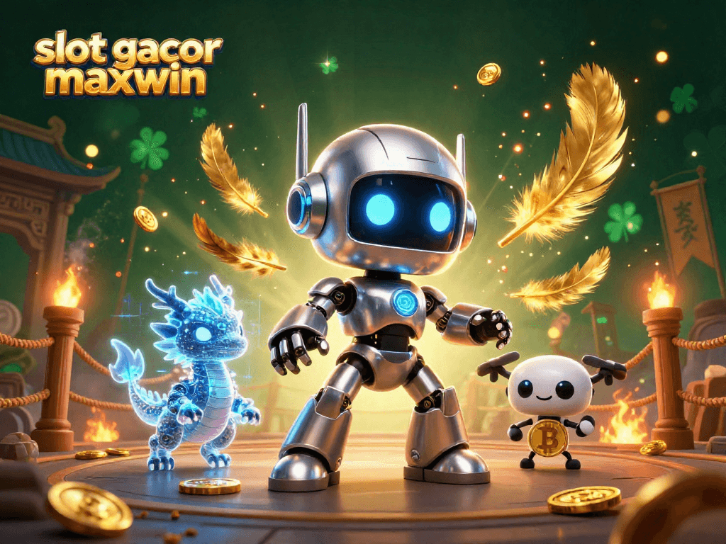 Engage with slot gacor maxwin in an energetic 3D casino scene showcasing vibrant elements and characters.