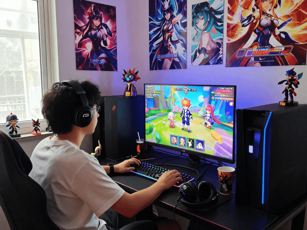 Gacha168 gaming setup with colorful screen and accessories in an immersive environment.