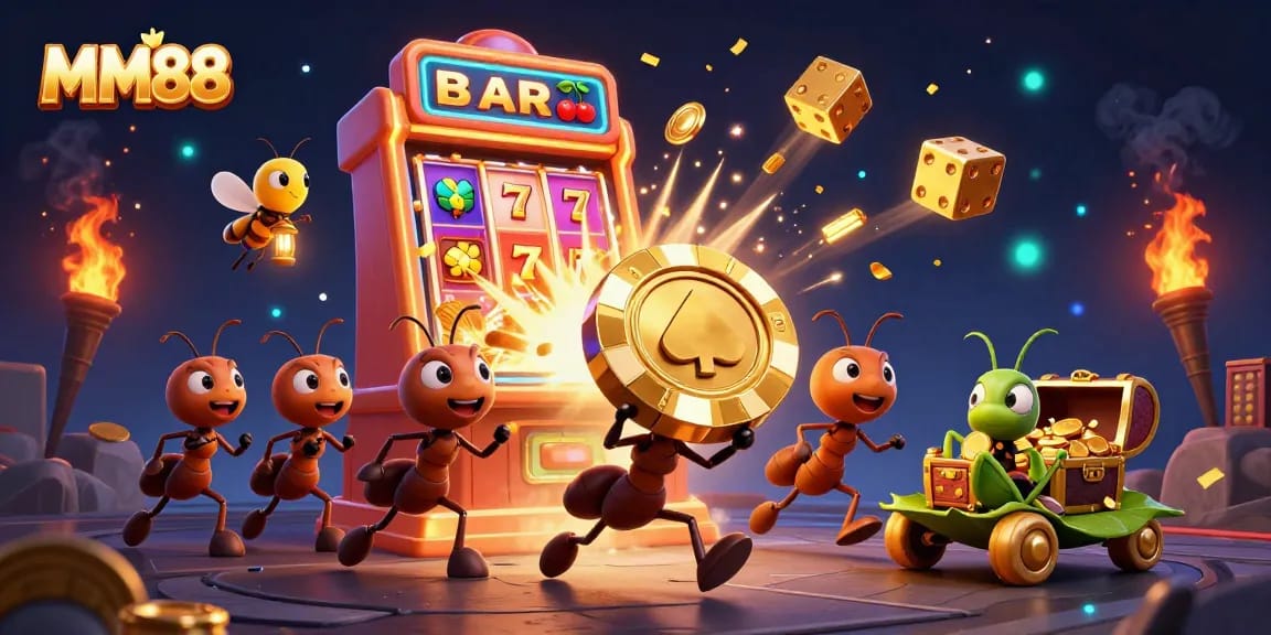 Experience excitement with MM88 as ants carry a giant golden poker chip during a thrilling casino heist.