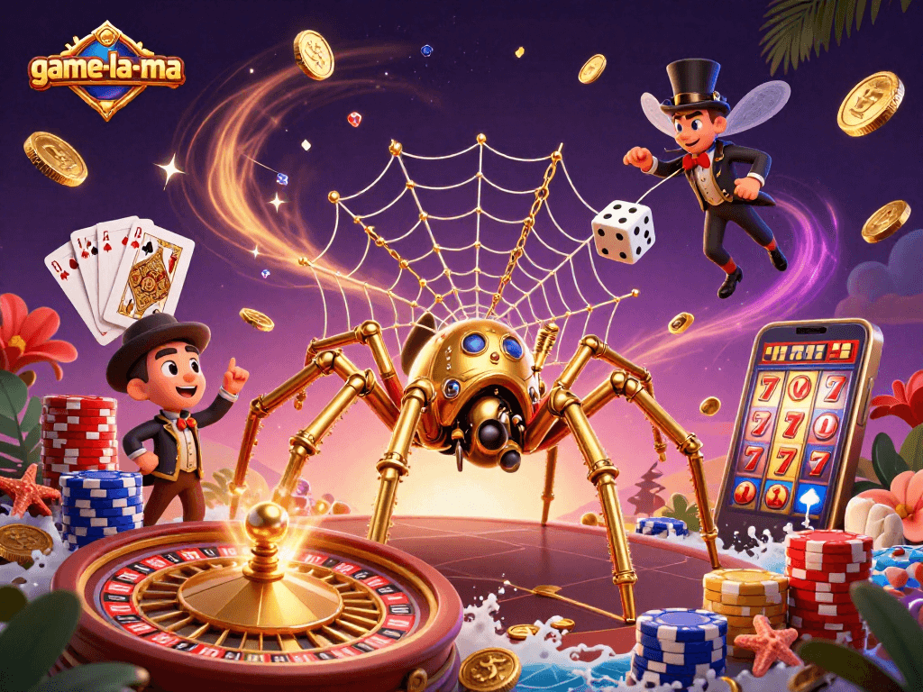 game-la-ma showcases a whimsical scene of a steampunk spider and amused gentleman in a vibrant casino