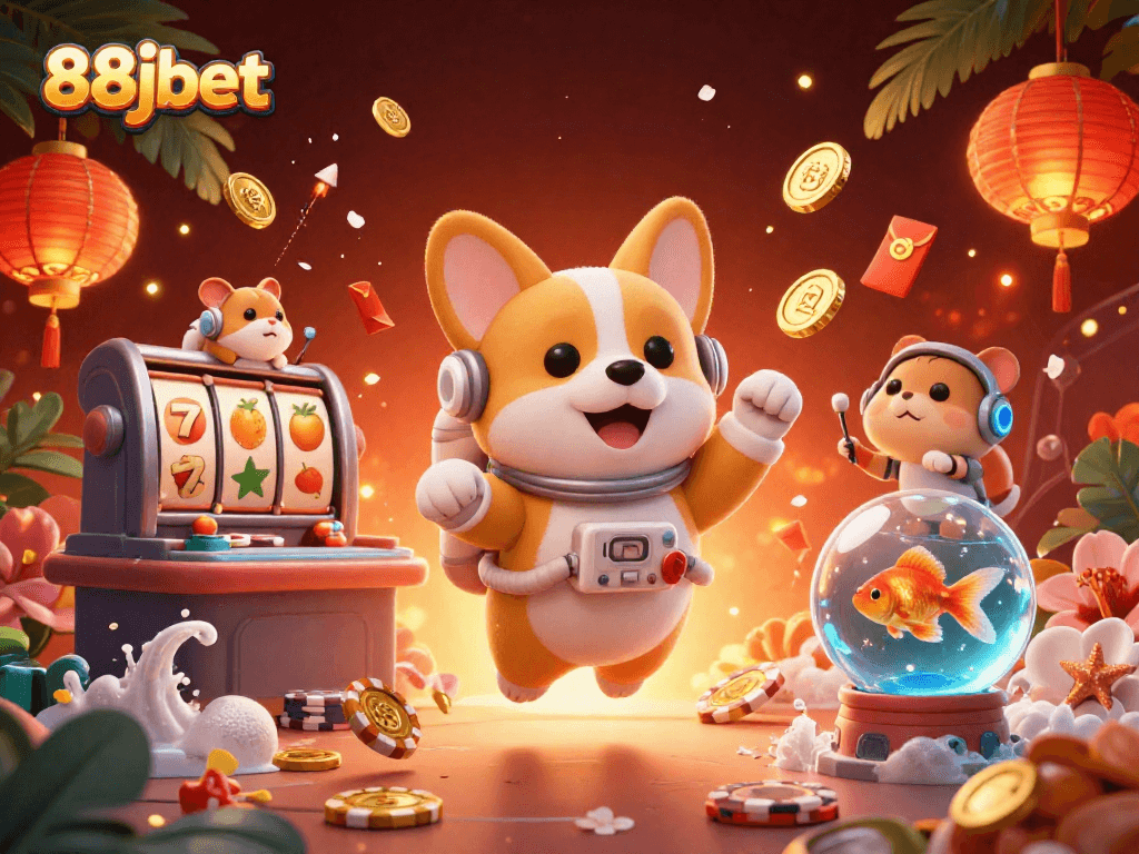 Engage with 88jbet's vibrant casino scene featuring an astronaut corgi, hamster, and goldfish amidst floating slot reels and festive decorations.