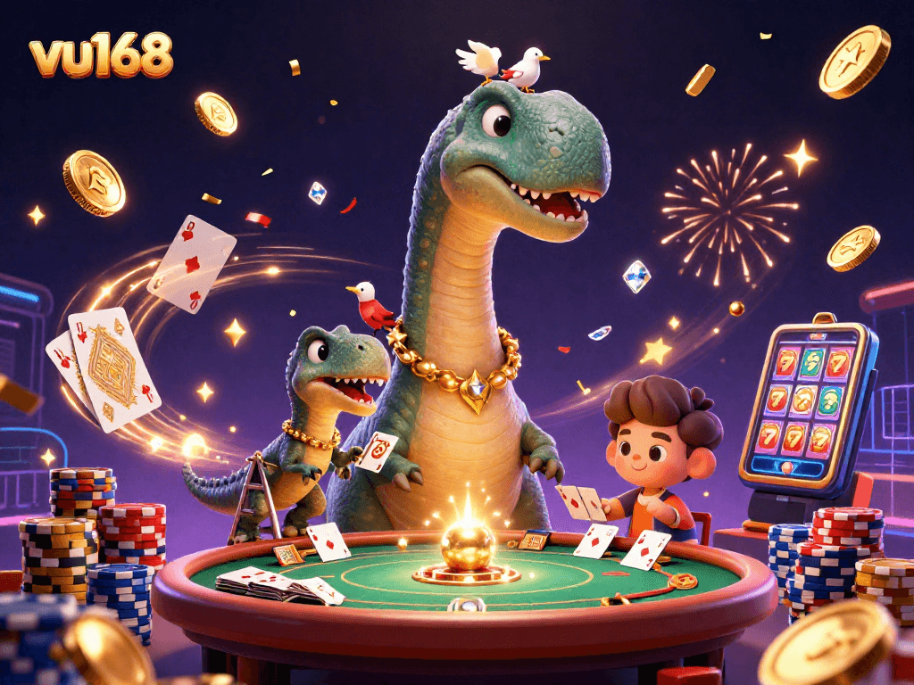 Bet on exciting moments at vu168, featuring a lively brontosaurus and clever raptor in a dynamic casino scene.