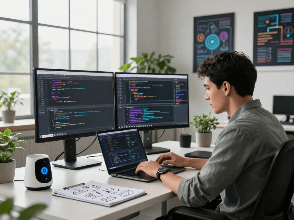 AI developer programming with spicy ai tools in a modern tech workspace
