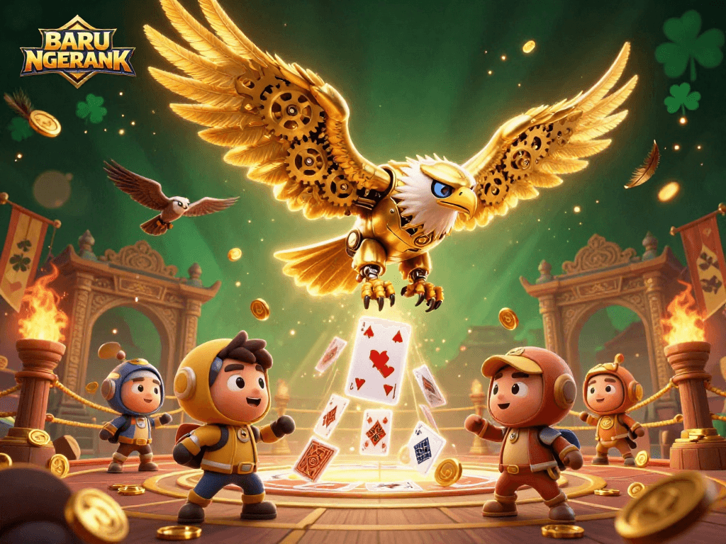 Engage in thrilling gameplay with BARU NGERANK, witnessing a cybernetic eagle diving through vibrant holographic cards.