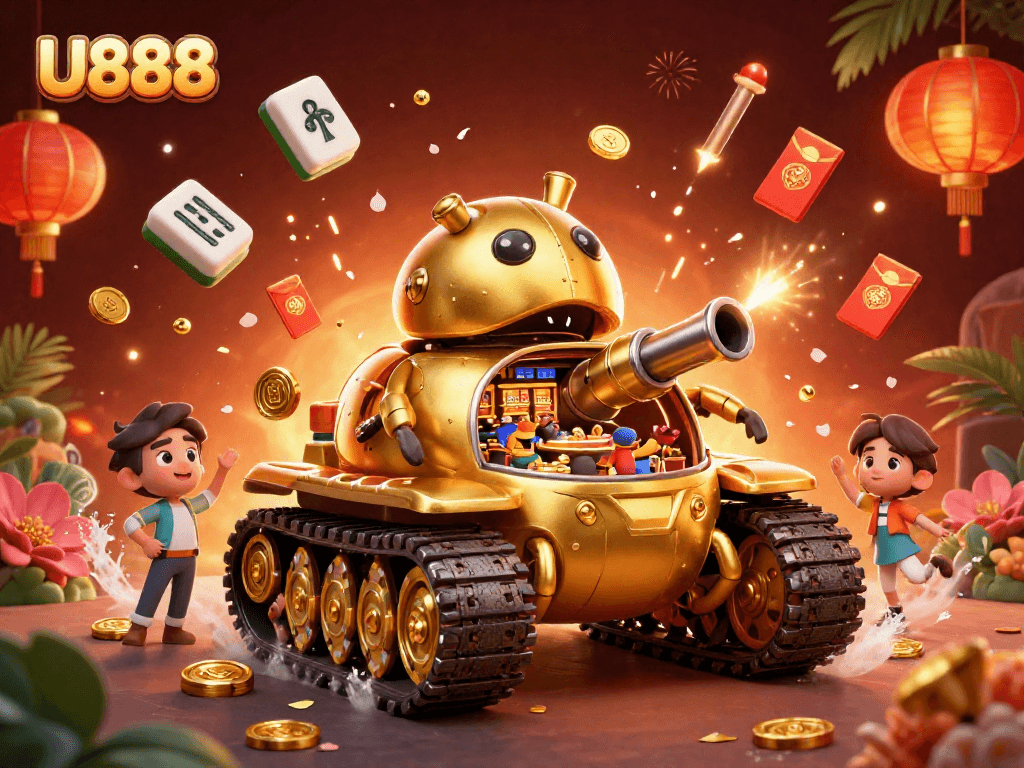 Experience U888's thrilling casino atmosphere with a vibrant 3D illustration of a beetle tank and casino elements.