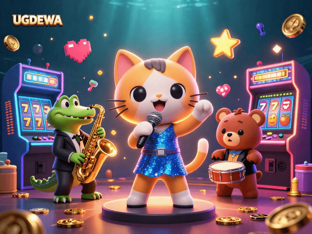 Experience thrilling gameplay with UGDEWA in a vibrant casino scene featuring lively characters and gaming elements.
