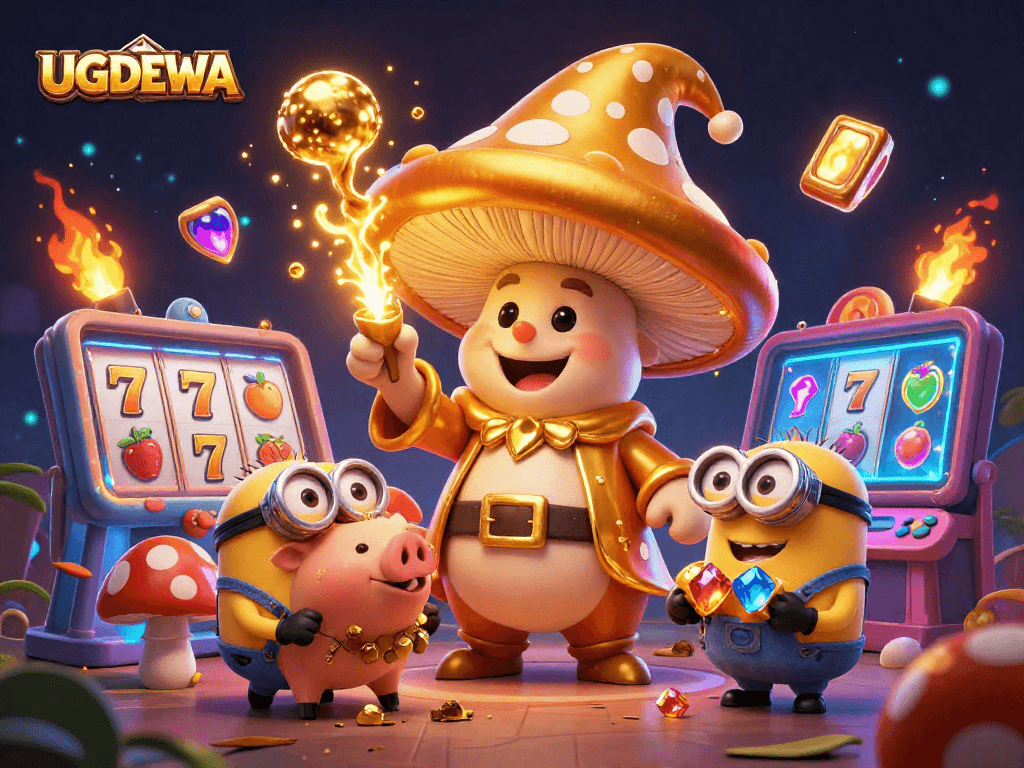 Engage with the golden wizard of UGDEWA, surrounded by thrilling gaming elements and treasure in a vivid casino atmosphere.