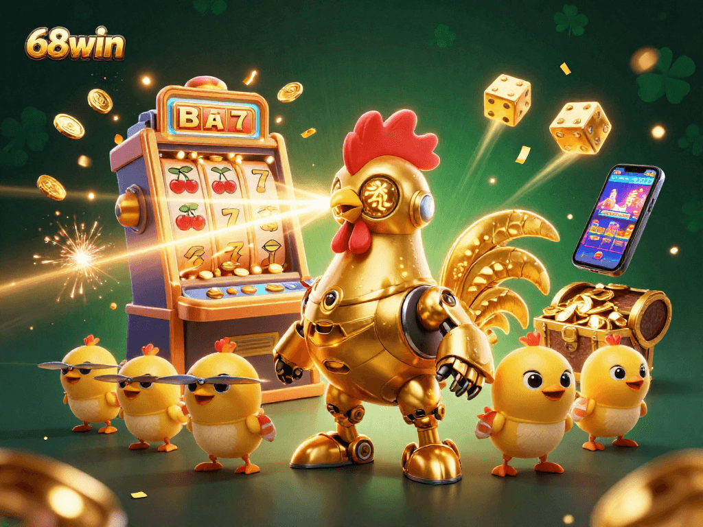 Engage in thrilling jackpots at 68win with a golden rooster shooting lasers amidst dynamic casino elements.