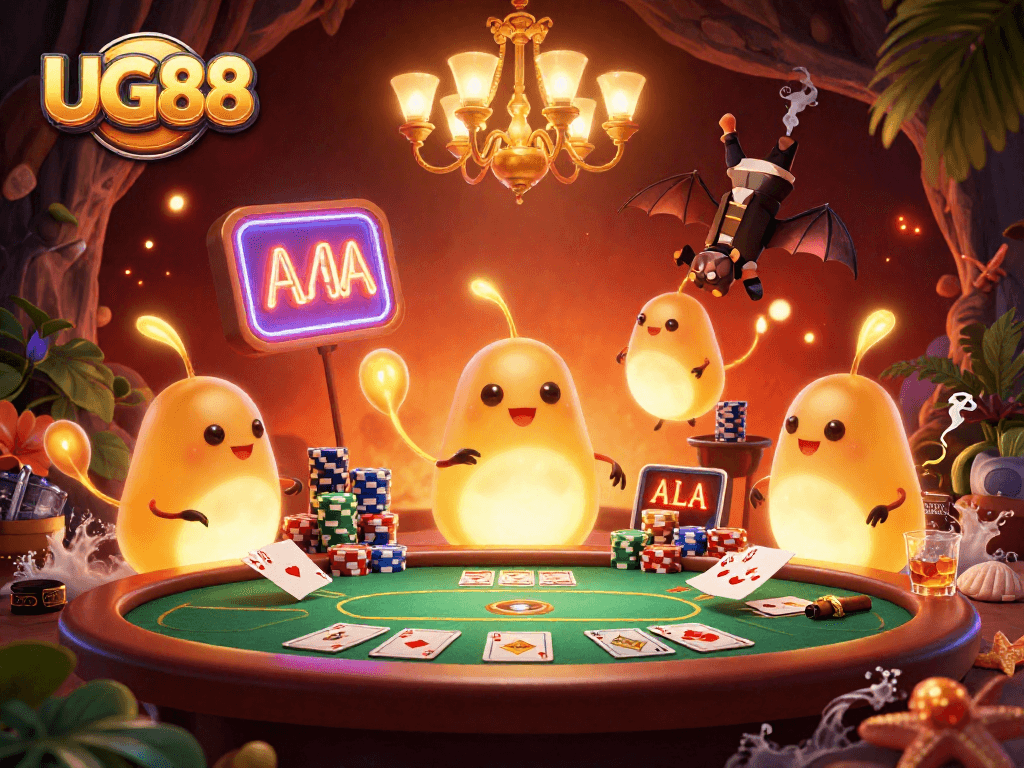 Engage with UG88 by playing at a vibrant underground casino table, illuminated by glowing characters and rich game elements.
