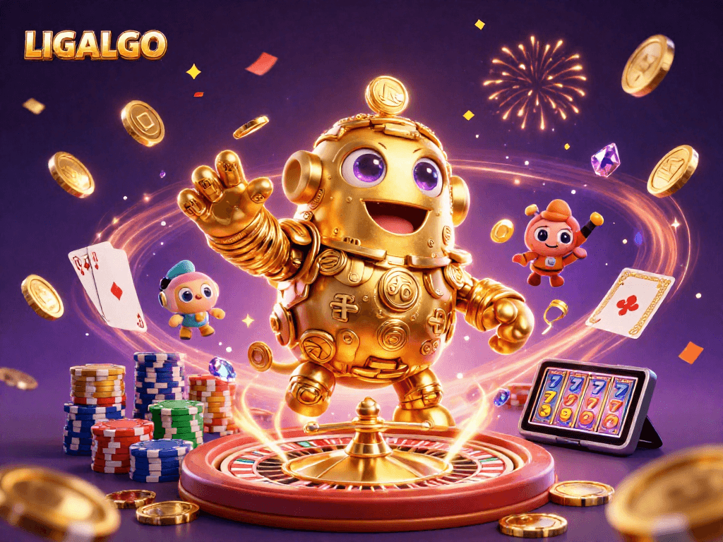 LIGALGO features a lively casino scene with a golden golem, coins, and sparkling gems.