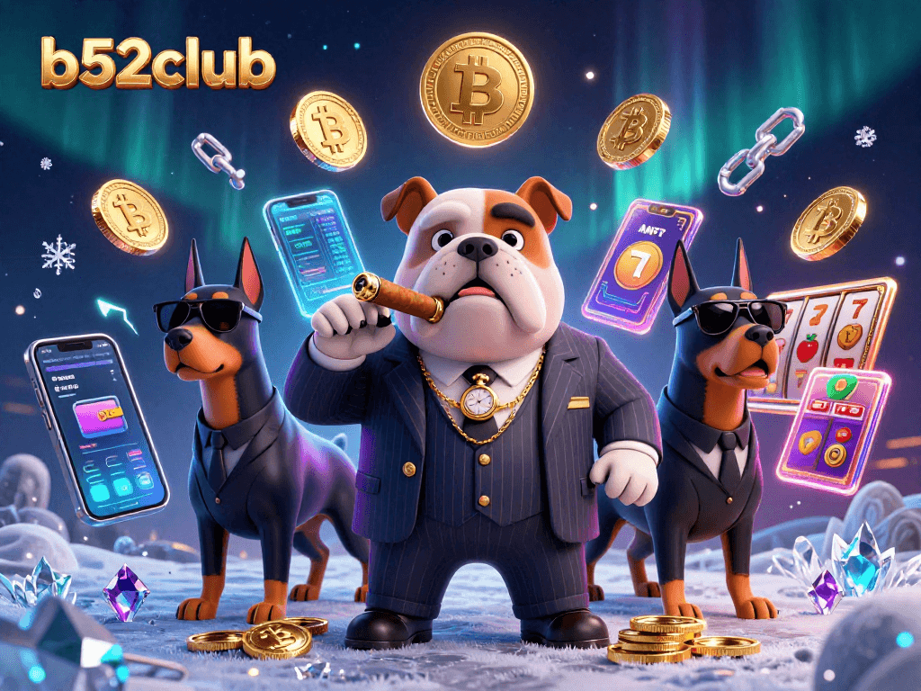b52club showcases a mafia bulldog in a casino scene filled with crypto-themed elements and slot symbols.