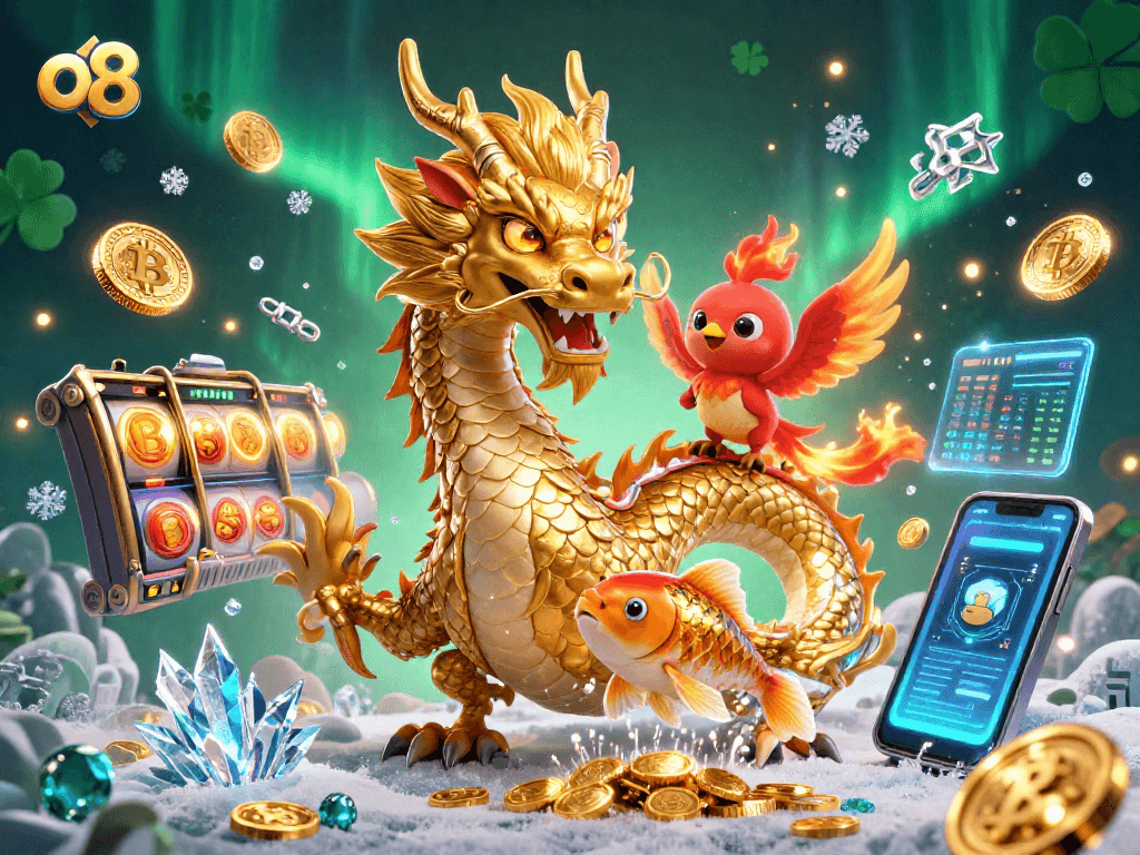Engage with o8’s thrilling slots gaming experience featuring a majestic dragon and vibrant coins.