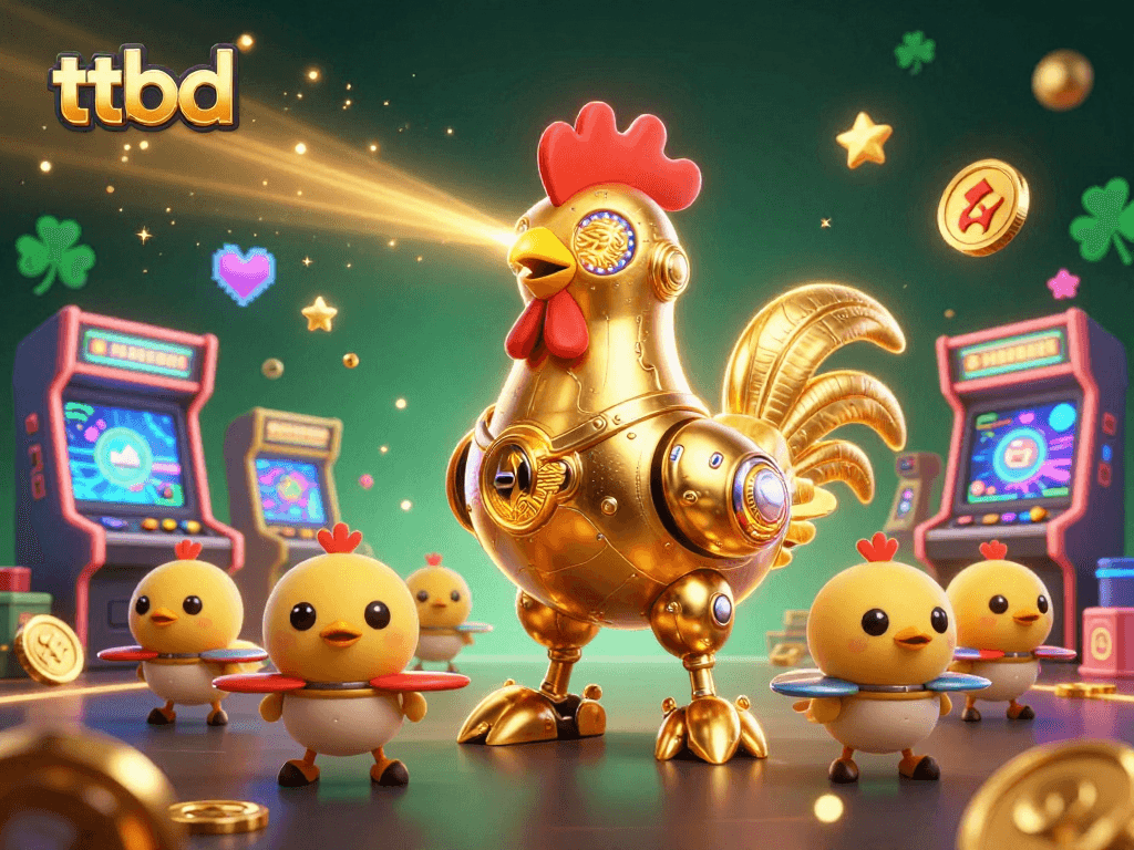 ttbd showcases a golden rooster robot laser engraving patterns amidst vibrant casino elements.