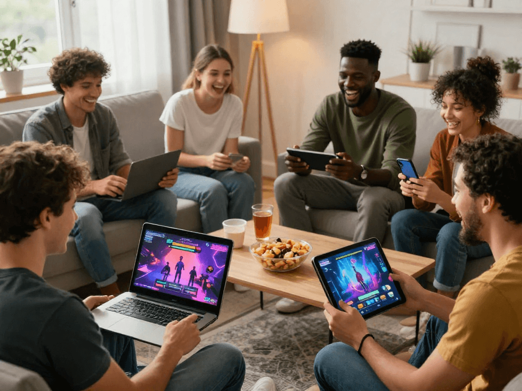 Enjoying online porn game experiences across multiple devices in a cozy living room.