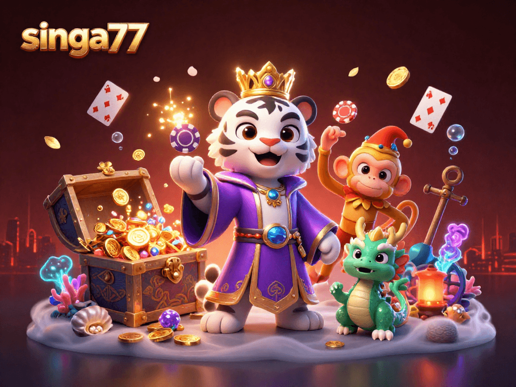 Singa77 showcases a vibrant, dynamic casino scene featuring a white tiger, golden monkey, and jade dragon surrounded by treasure and gaming elements.