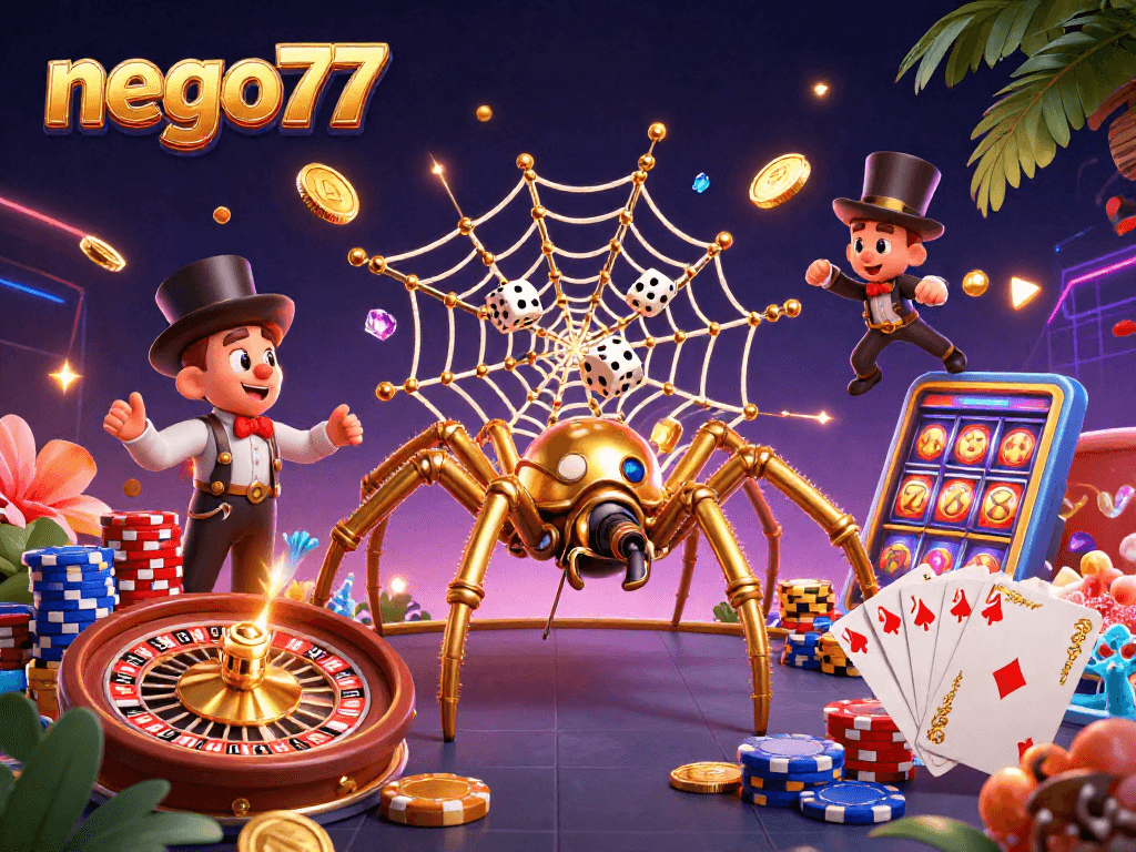 Bet on nego77 and find luck with a steampunk spider webbing gold and fortune!