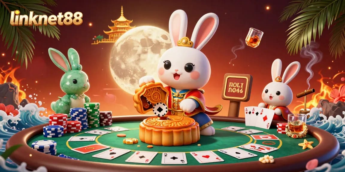 Engage with the thrilling link net88 casino scene showcasing a lunar rabbit pounding mooncakes filled with poker chips.
