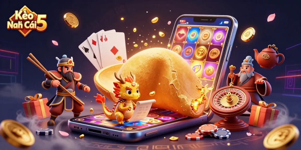 Kèo Nhà Cái 5 showcases a vibrant 3D scene featuring a golden fortune cookie and gaming elements for immersive gambling.