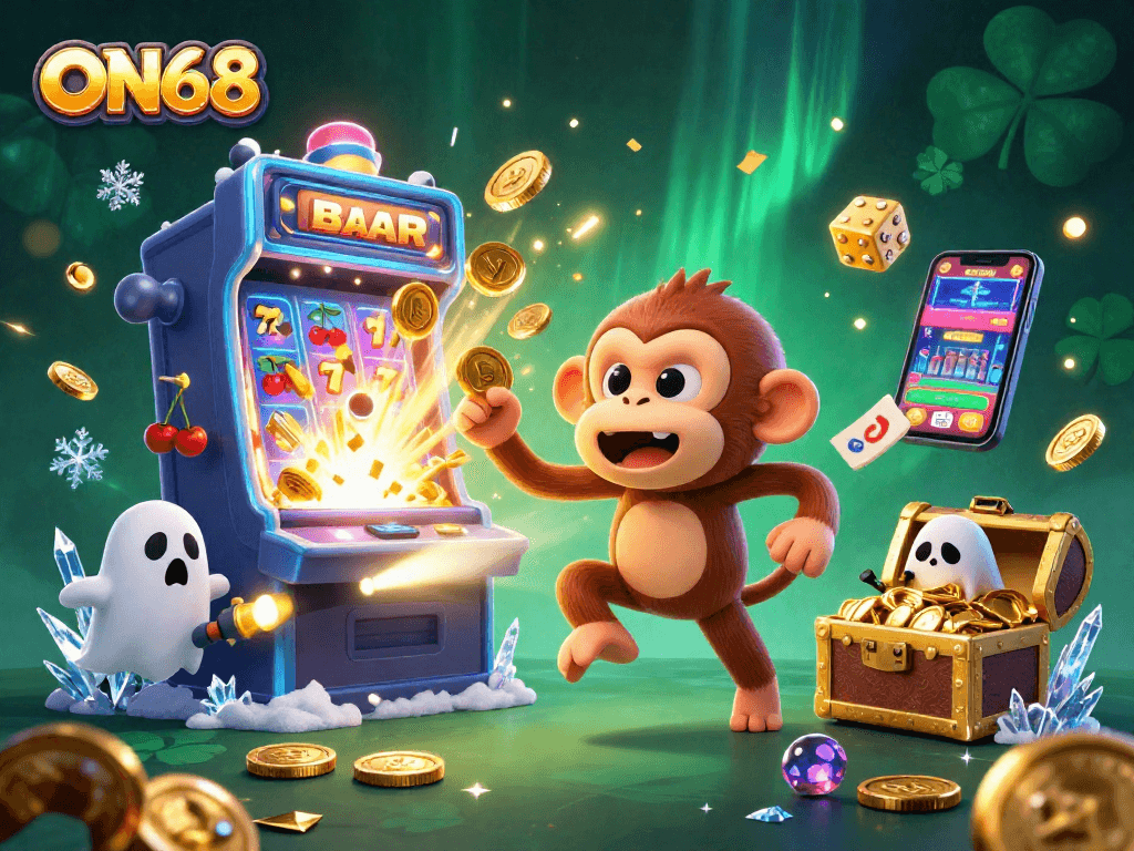 Experience ON68's vibrant casino atmosphere with a mischievous poltergeist monkey and an intrigued puppy joining the fun.