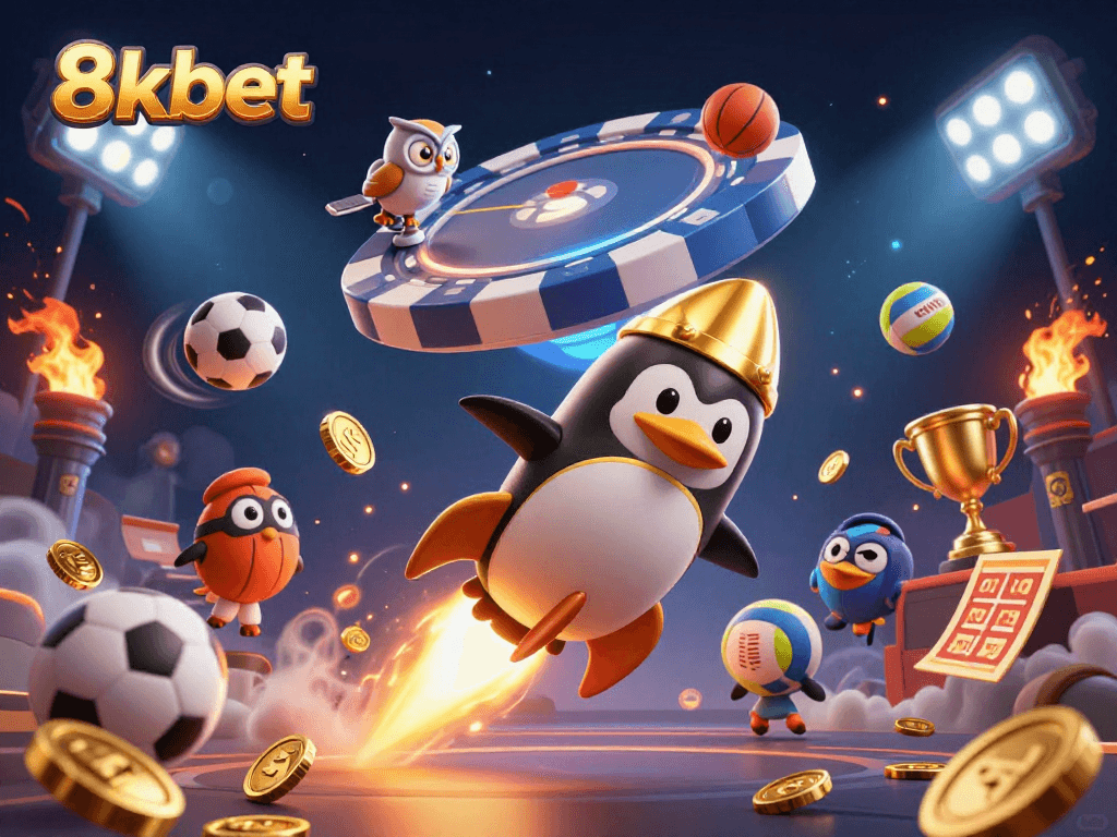 Experience thrilling gameplay at 8xbet while the golden penguin zooms through a vibrant casino-themed space.