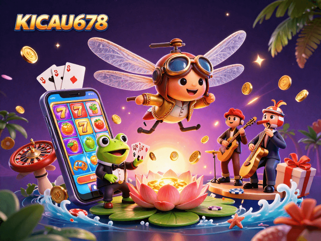 KICAU678 brings the action with a dragonfly pilot above a lily pad casino scene.