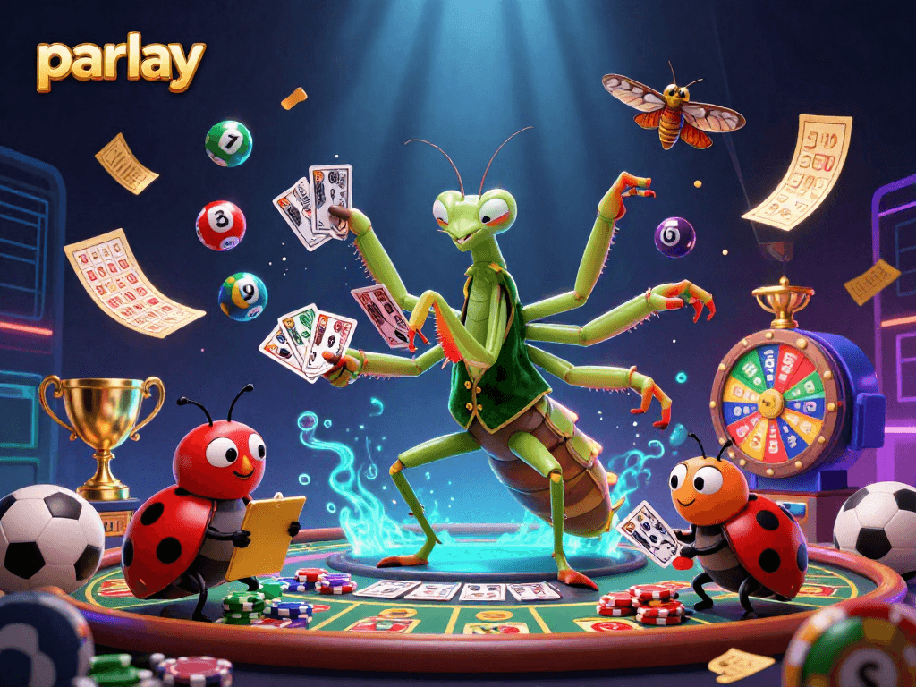 Engage in betting on parlay matches with vibrant sports elements and casino characters.