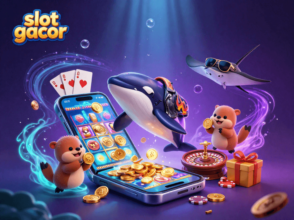 Rasakan keseruan slot gacor dengan orca, ikan pari, dan berang-berang memegang koin emas.
